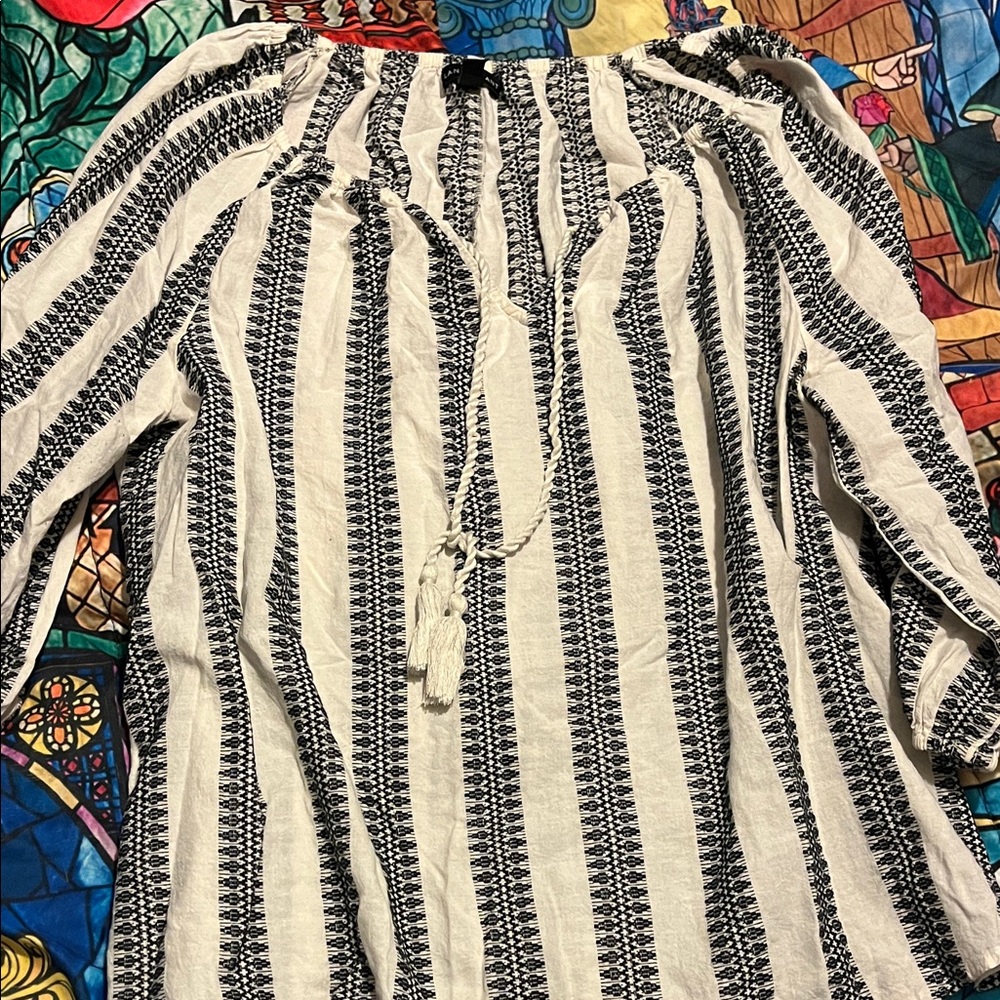 Lane Bryant Black & Cream Striped Peasant Blouse